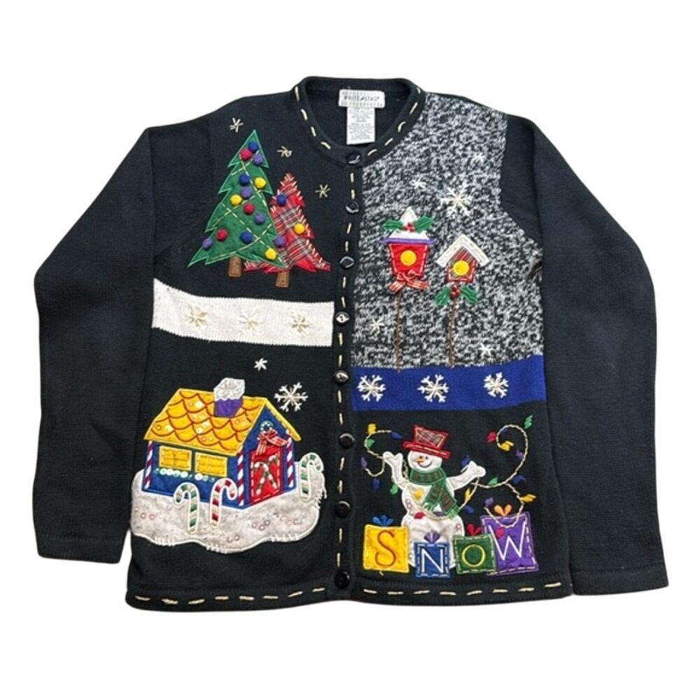 Women's White Stag Ugly Christmas Holiday Snowman Black Cardigan‎ Size Small